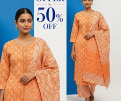 Stylish Orange Printed Cotton Kurta Pant Set