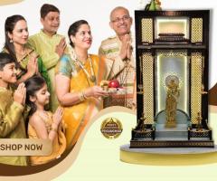 White and Gold Wooden Mandir with LED
