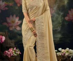 Buy Embroidered Champagne Silk Saree Online by indieelabel