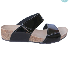 Glossy Black Ladies Orthotic Wedge Sandals - Cork Arch Support